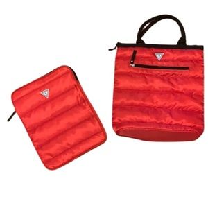 GUESS WOMEN'S RED QUILTED TOTE BAG AND LAPTOP SLEEVE COMBO